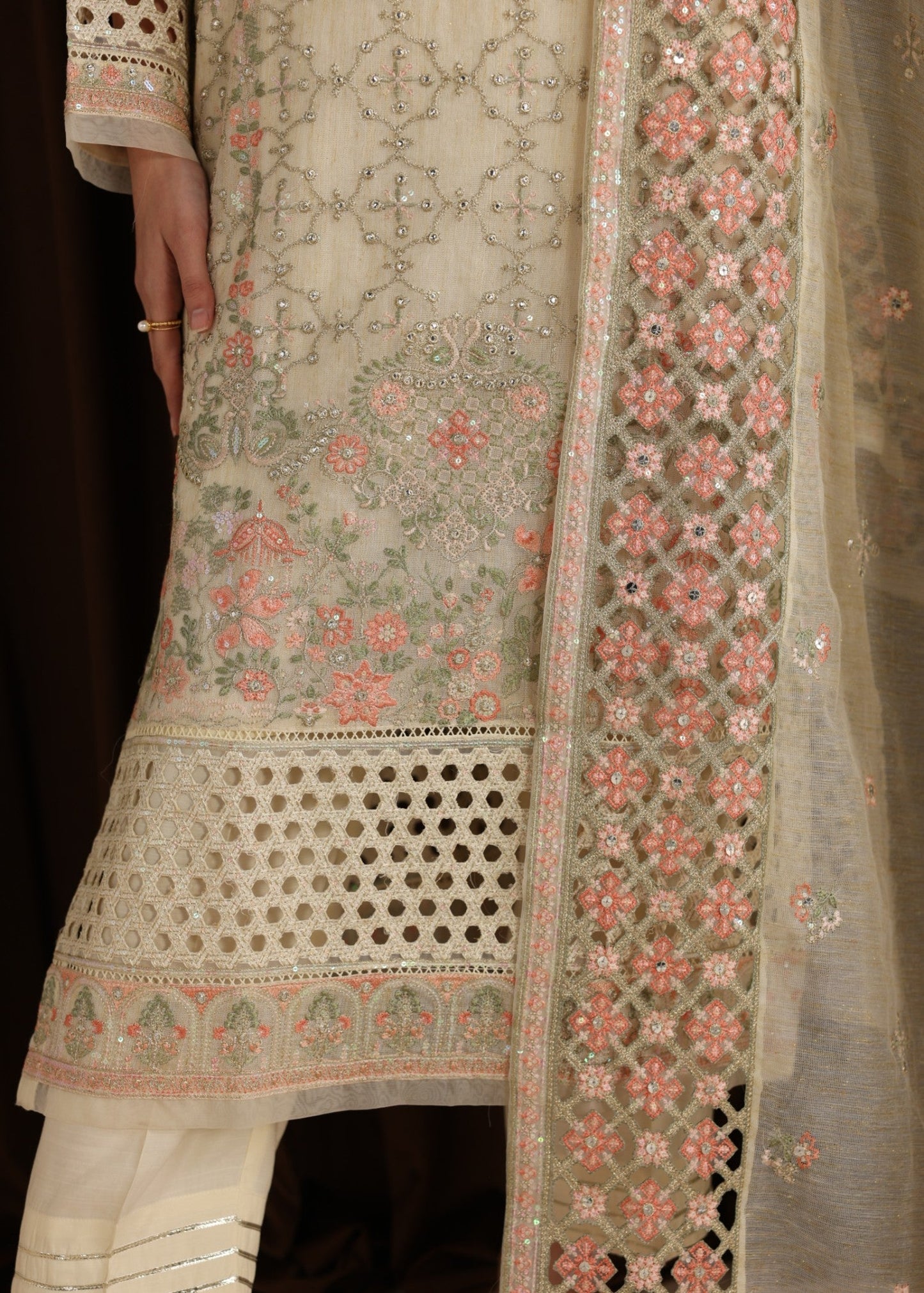 Cream Embroidered Net Pakistani Suit Online in Dubai UAE Abudhabi Ajman Sharjah