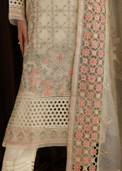 Cream Embroidered Net Pakistani Suit Online in Dubai UAE Abudhabi Ajman Sharjah