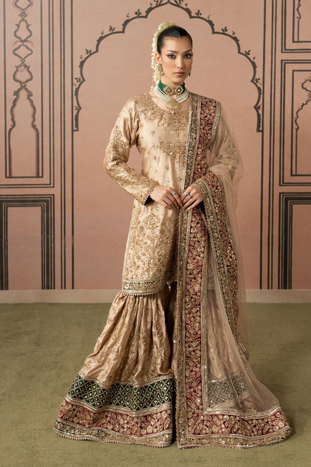 Cream Embroidered Organza Farshi Gharara Online in Dubai UAE Abudhabi Ajman Sharjah