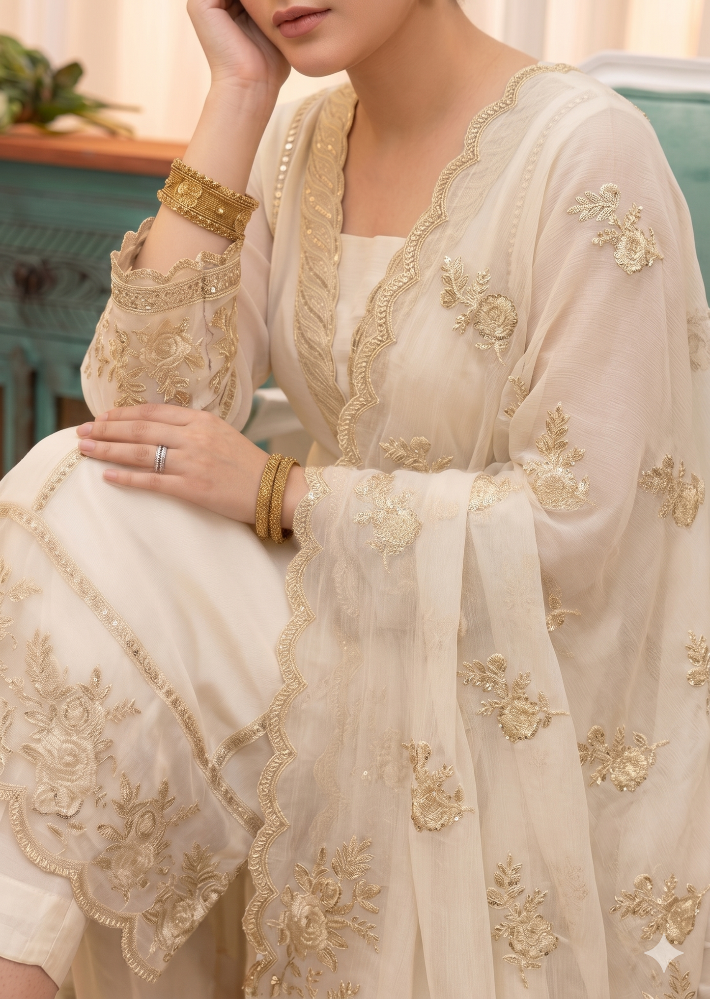 Cream Embroidered Party Wear Kurta Set Online in Sri Lanka India Australia