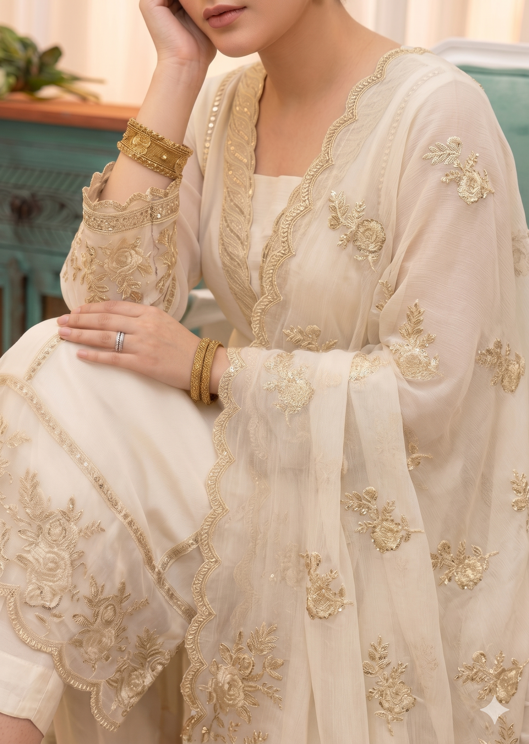 Cream Embroidered Party Wear Kurta Set Online in Sri Lanka India Australia