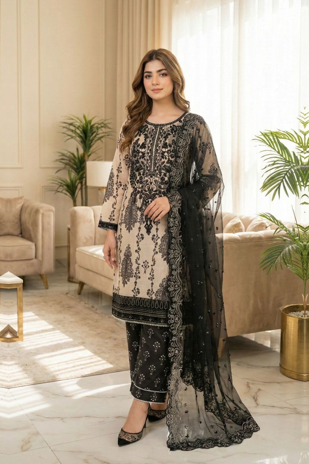 Cream Embroidered Raw Silk Farshi Shalwar Suit Online in Dubai UAE Abudhabi Ajman Sharjah