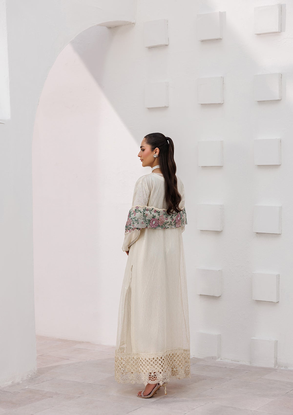 Cream Embroidered Raw Silk Three Piece Suit Online in Dubai UAE Abudhabi Ajman Sharjah