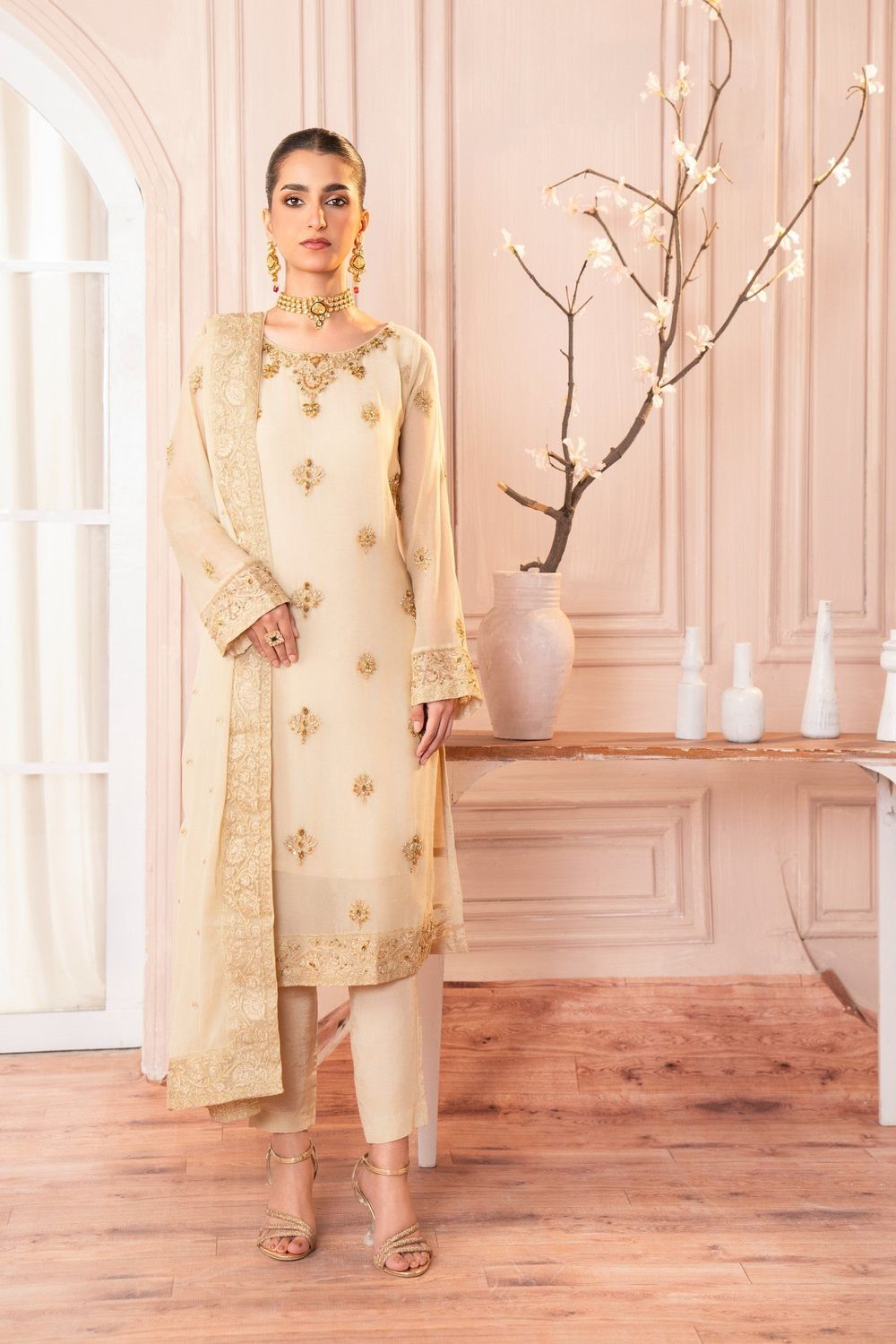 Cream Hand Embellished Chiffon Party Wear Suit Online in Dubai UAE Abudhabi Ajman Sharjah