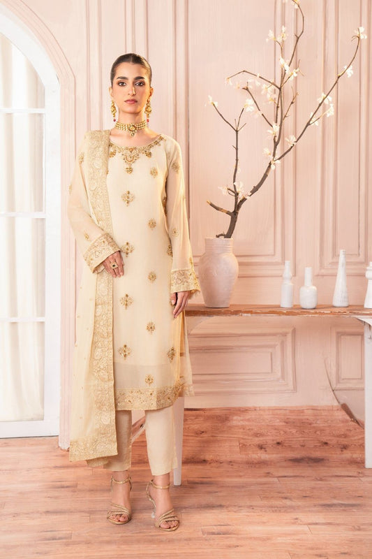Cream Hand Embellished Chiffon Party Wear Suit Online in Dubai UAE Abudhabi Ajman Sharjah