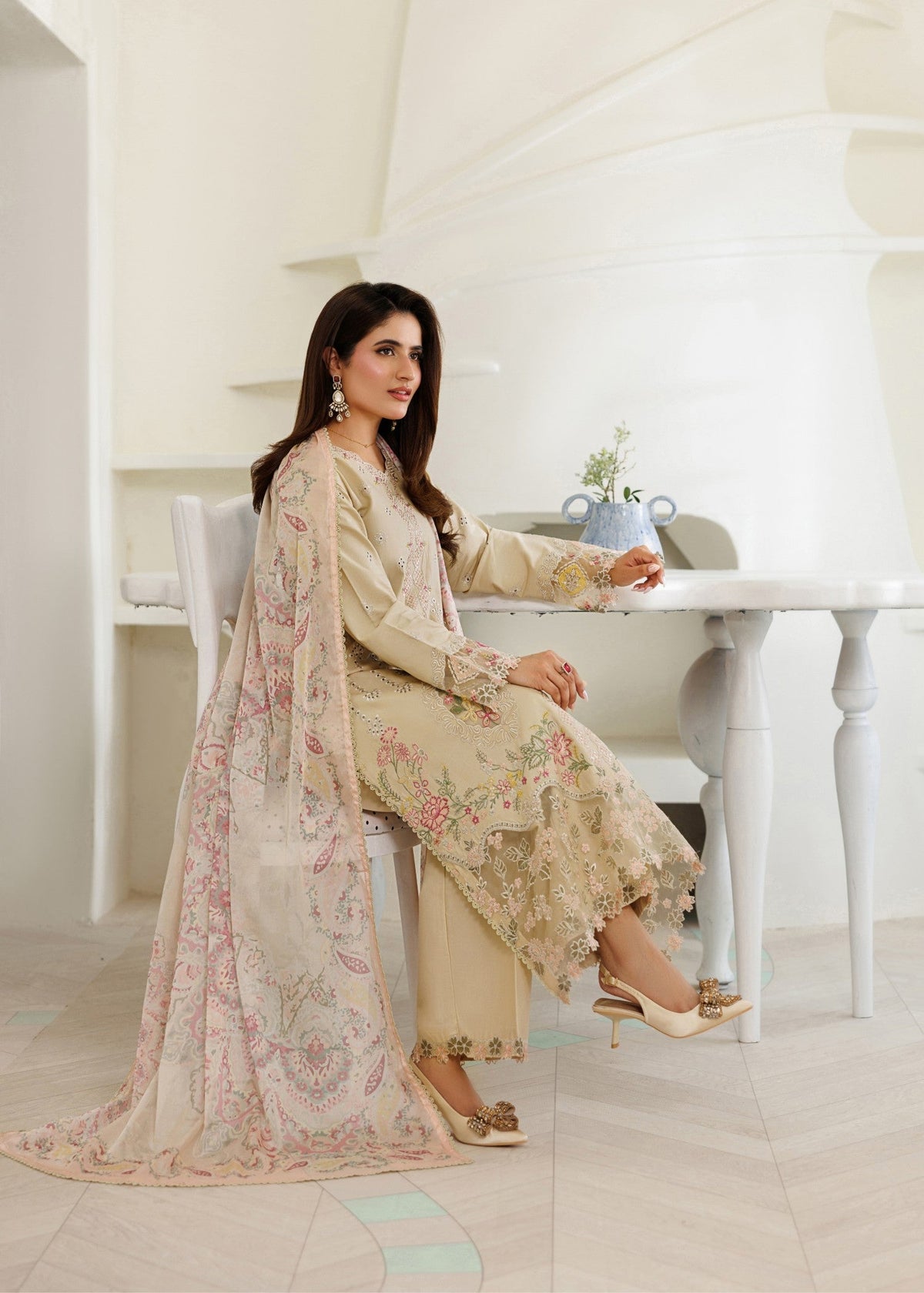Cream Lawn 3 Piece Pakistani Salwar Suit Online in Dubai DXB UAE Abudhabi Meena Bazaar