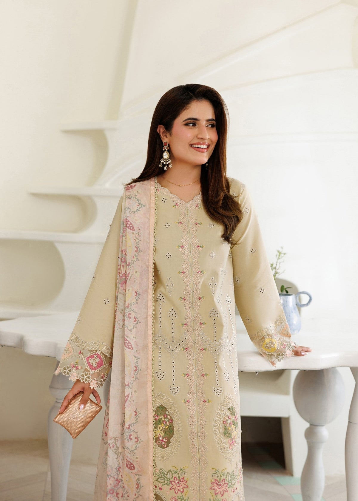 Cream Lawn 3 Piece Unstitched Salwar Kameez Online in UK USA Canada