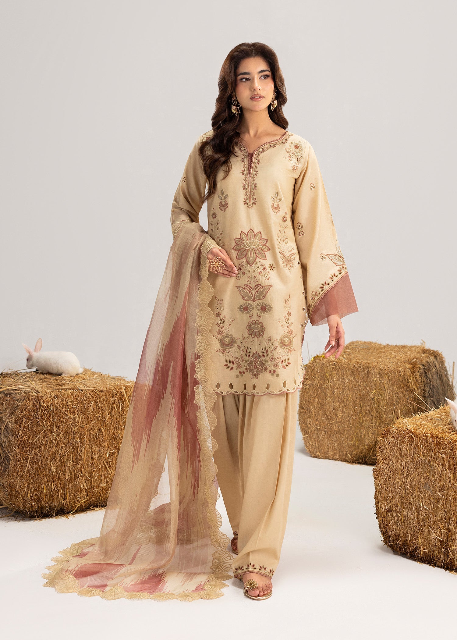 Cream Lawn Kurta with Shalwar and Dupatta Online in Dubai DXB UAE Abudhabi Meena Bazaar