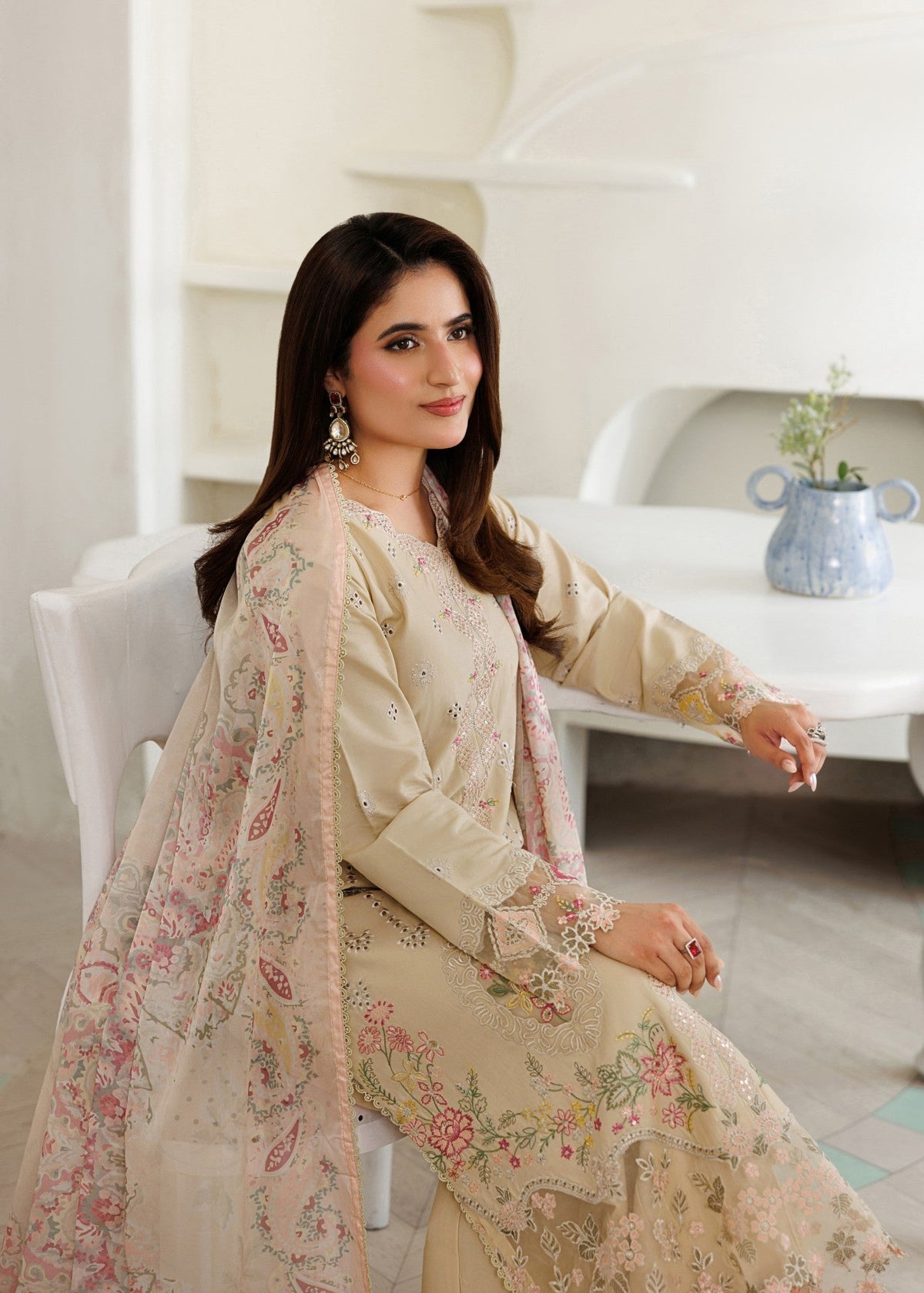Cream Lawn Straight Cut Kurta Churidar Suit Online in Dubai UAE Abudhabi Ajman Sharjah