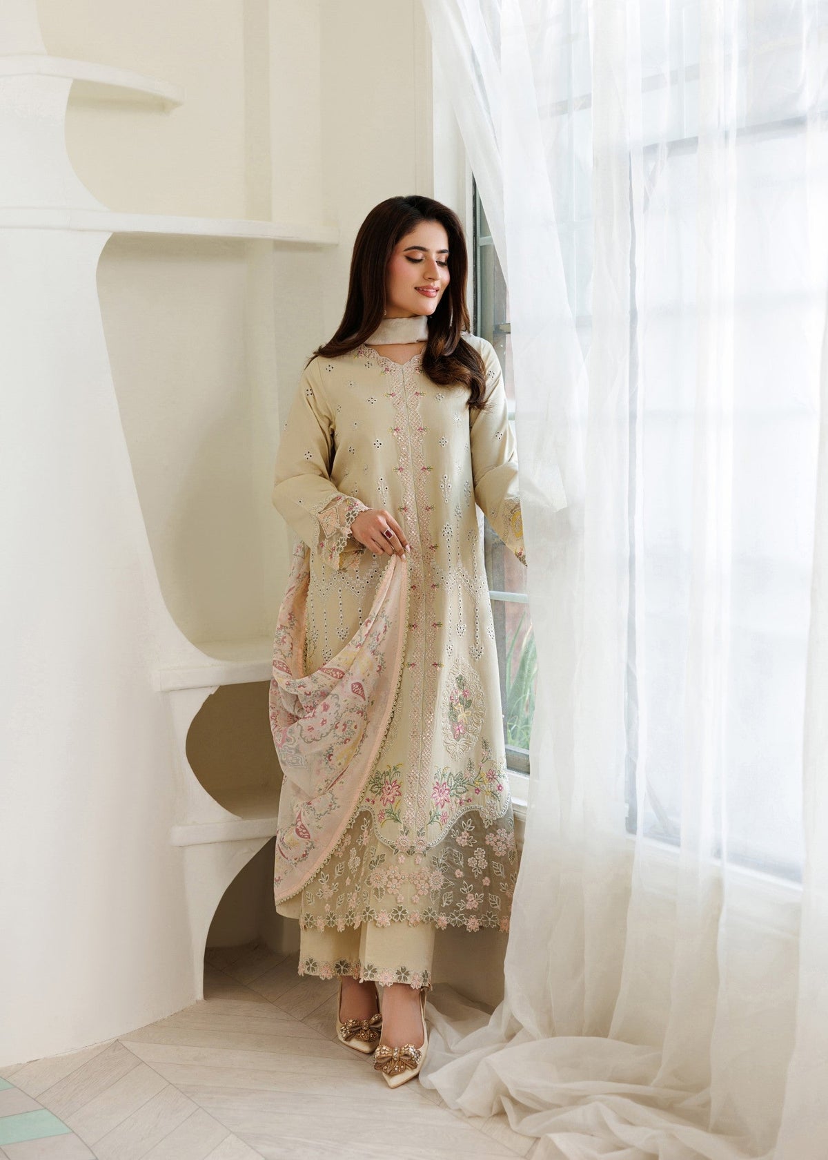 Cream Lawn Straight Cut Kurta Ladies Salwar Kameez Online in UK USA Canada