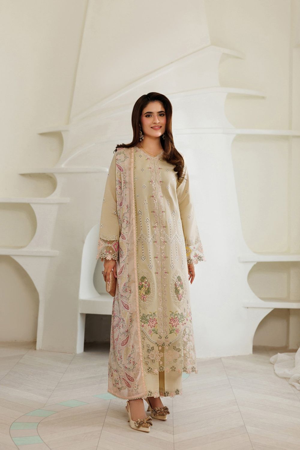Cream Lawn Straight Cut Kurta Salwar Suit Online in Dubai UAE Abudhabi Ajman Sharjah