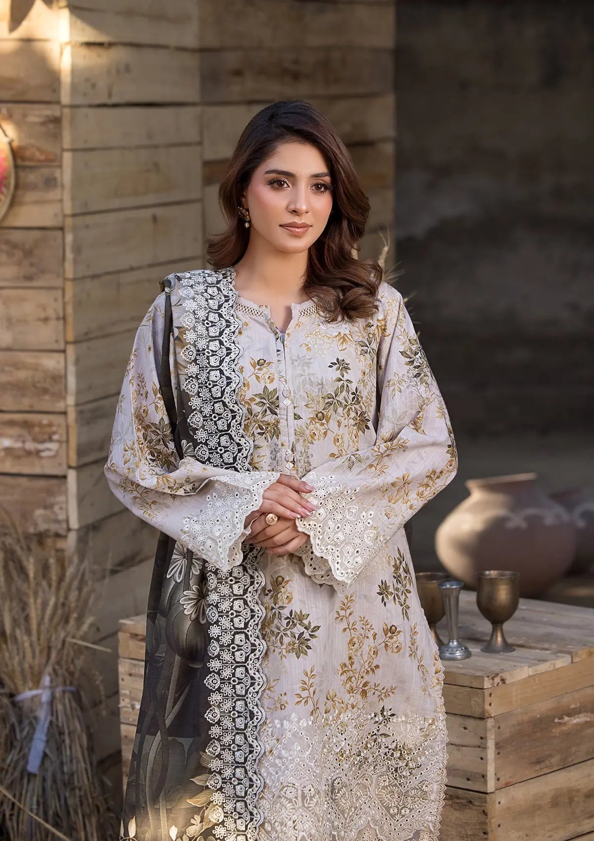 Cream Lawn Unstitched Suit Online in Sri Lanka India Australia