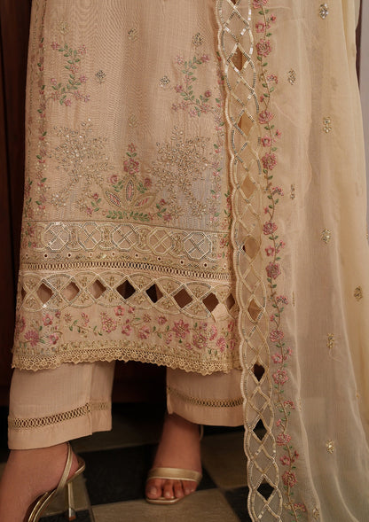 Cream Net Dupatta Embroidered Lawn Kurta Online in Sri Lanka India Australia