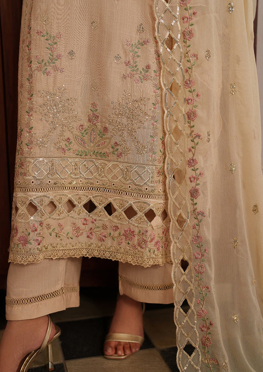 Cream Net Dupatta Embroidered Lawn Kurta Online in Sri Lanka India Australia