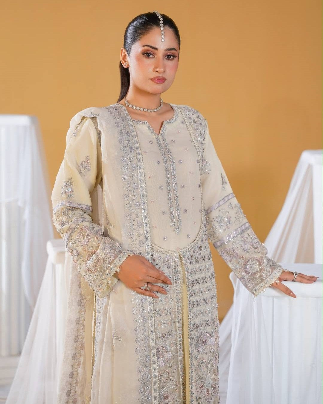 Cream Organza 3PC Ready to Wear Suit Online in Sri Lanka India Australia