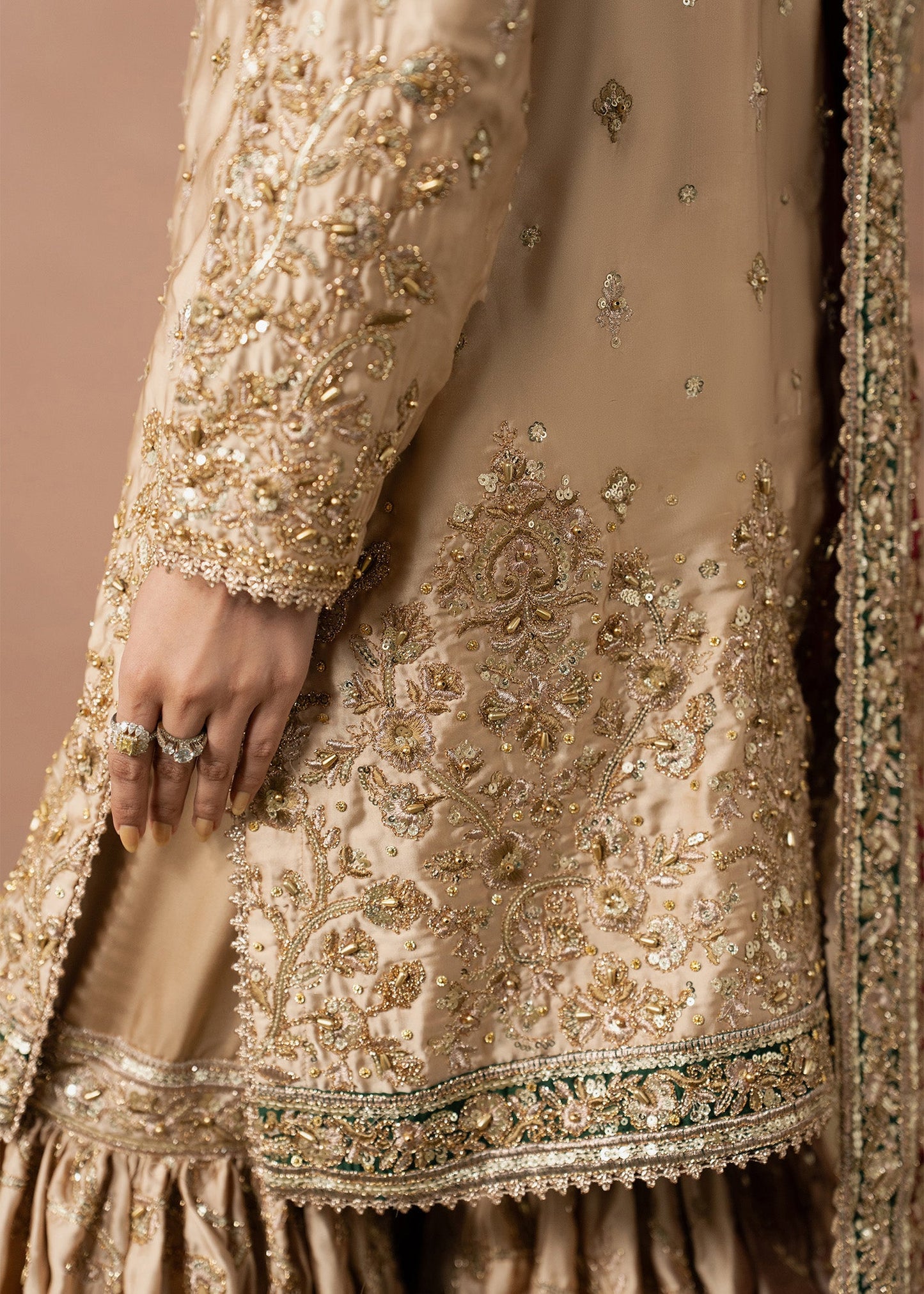Cream Organza Farshi Gharara with Emerald Borders Online in Dubai DXB UAE Abudhabi Meena Bazaar