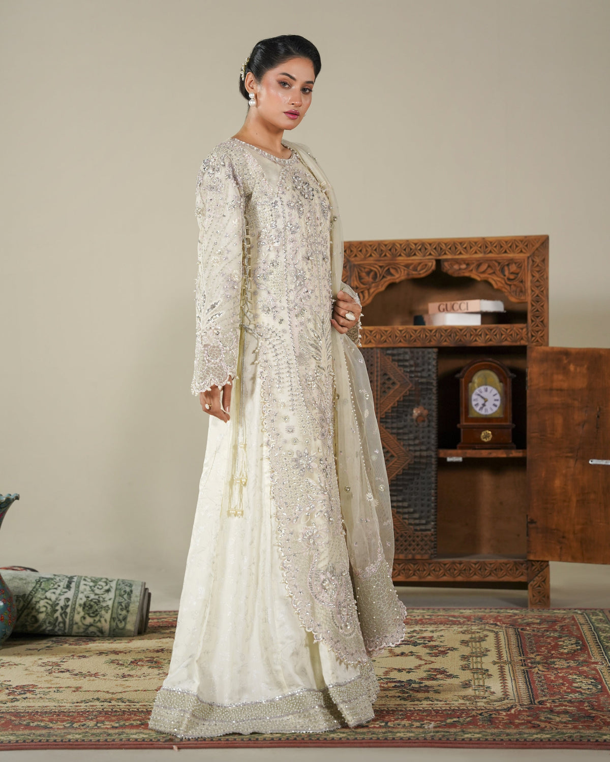 Cream Organza Pakistani Designer Suits with Chiffon Dupatta Online in Sri Lanka India Australia