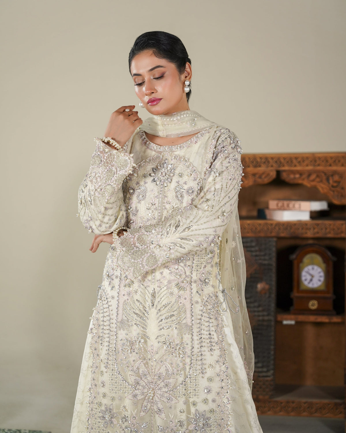 Cream Organza Thread Tilla Work Pakistani Clothes for Mehndi Online in Dubai UAE Abudhabi Ajman Sharjah