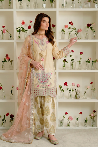Cream Poly-Lawn Ready to Wear Salwar Suit Online in Dubai UAE Abudhabi Ajman Sharjah