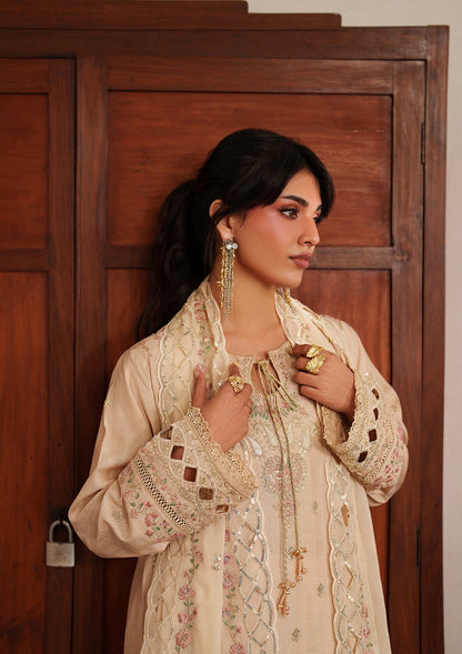 Cream Raw Silk Trouser Embroidered Lawn Suit Online in Sri Lanka India Australia