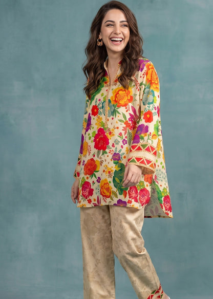 Cream Slub Lawn Daily Wear Kurta Set Online in UK USA Canada
