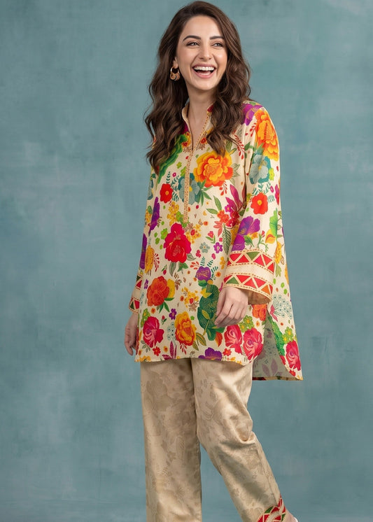 Cream Slub Lawn Daily Wear Kurta Set Online in UK USA Canada