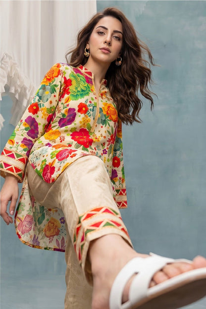 Cream Slub Lawn Straight Cut Kurta Set Online in Dubai UAE Abudhabi Ajman Sharjah