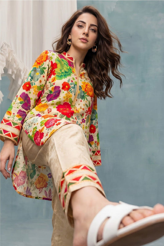 Cream Slub Lawn Straight Cut Kurta Set Online in Dubai UAE Abudhabi Ajman Sharjah