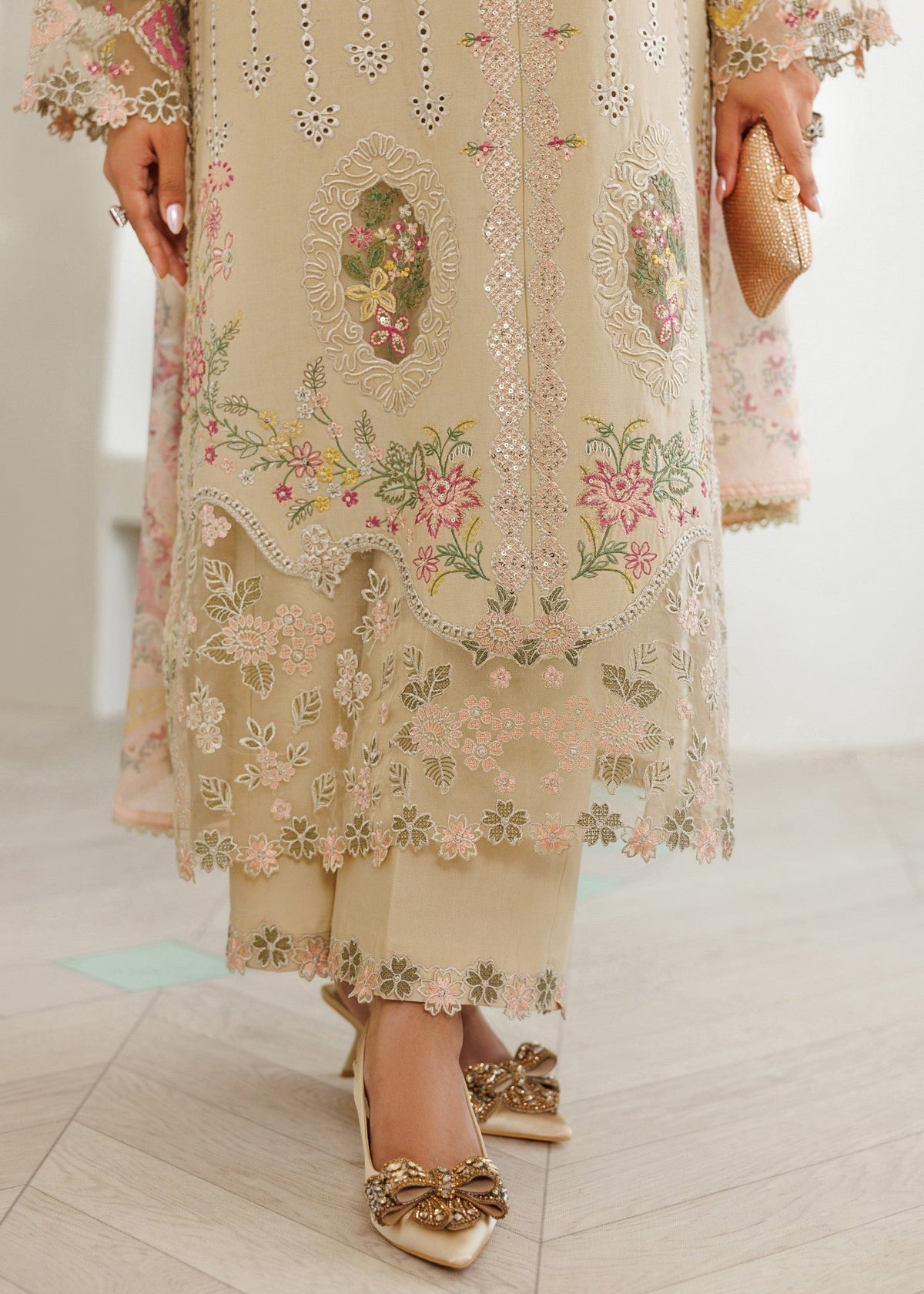 Cream Straight Cut Kurta Lawn Salwar Kameez Online in Sri Lanka India Australia