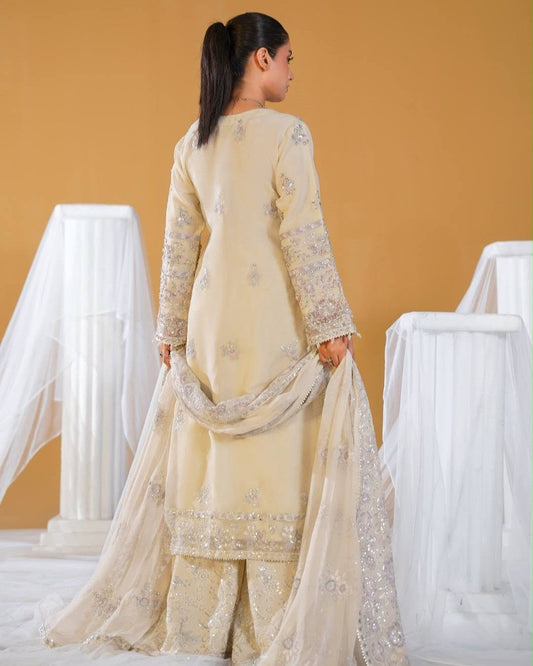 Cream Thread Tilla Sequence Work Organza Salwar Kameez Online in KSA Riyadh Saudi Arabia Oman Bahrain Qatar