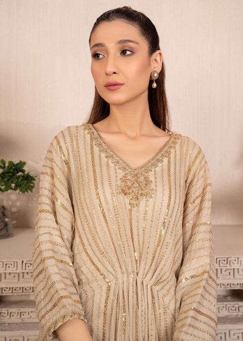 Cream Sequins Embroidered Chiffon Kaftan