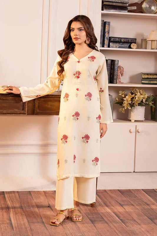 Cream Embroidered Cotton Kurta Set