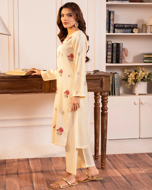 Cream Embroidered Cotton Kurta Set