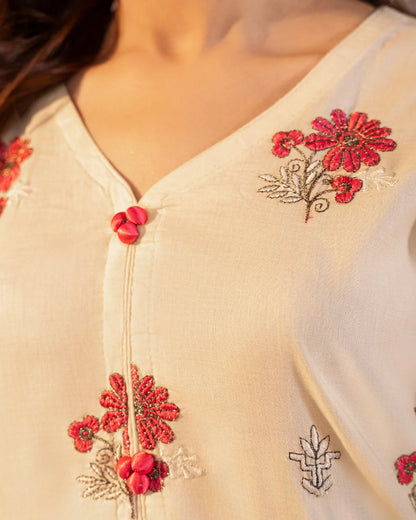 Cream Embroidered Cotton Kurta Set