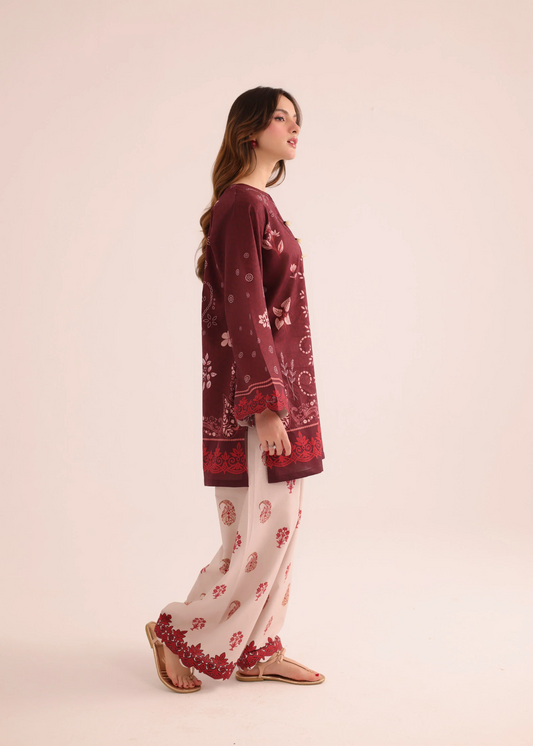 Daily Wear Blood Red Poly Lawn Kurta Set Online in UK USA Canada