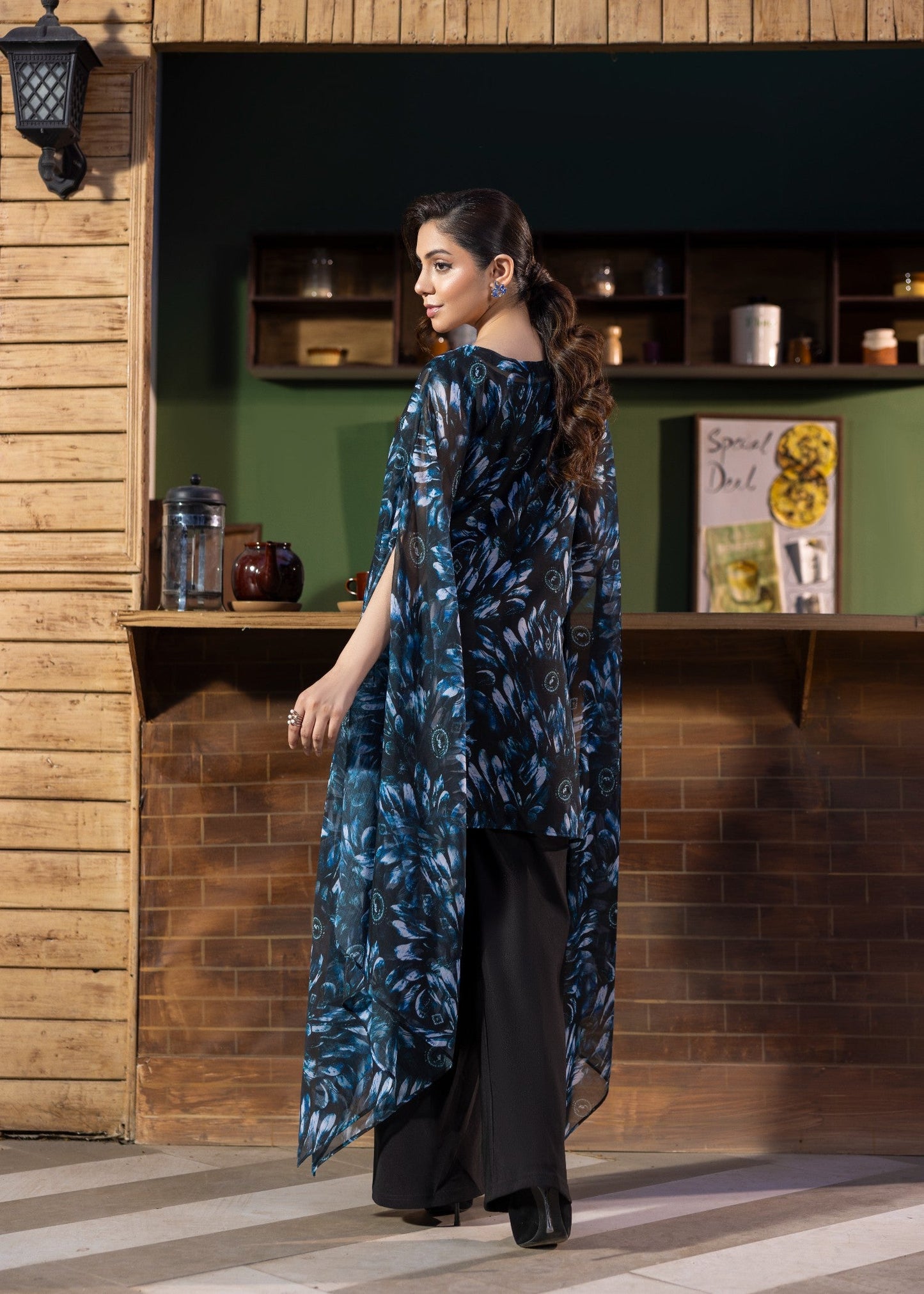 Daily Wear Blue Black Chiffon Cape Style Kaftan Online in UK USA Canada