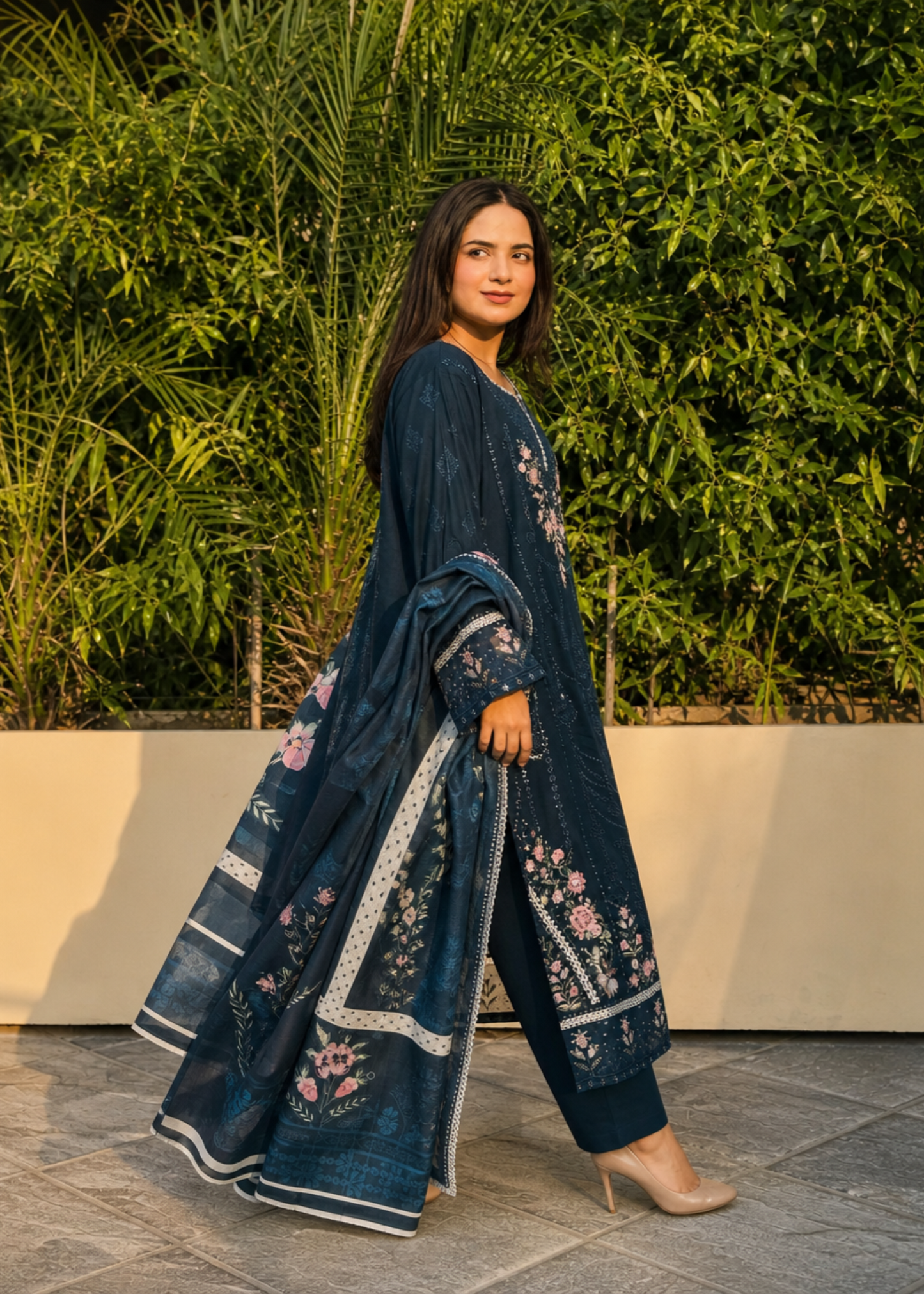 Daily Wear Blue Embroidered Lawn Kurta Set Online in Sri Lanka India Australia