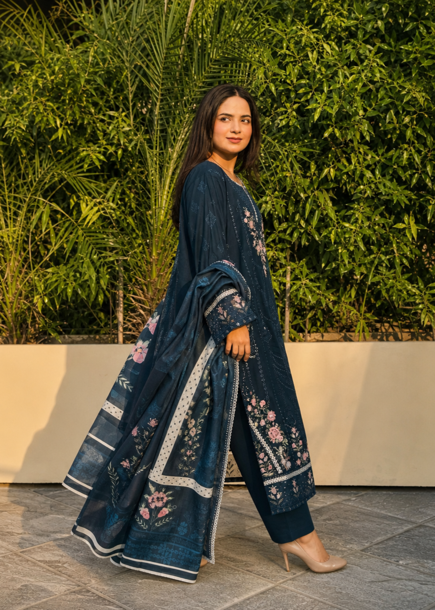 Daily Wear Blue Embroidered Lawn Kurta Set Online in Sri Lanka India Australia