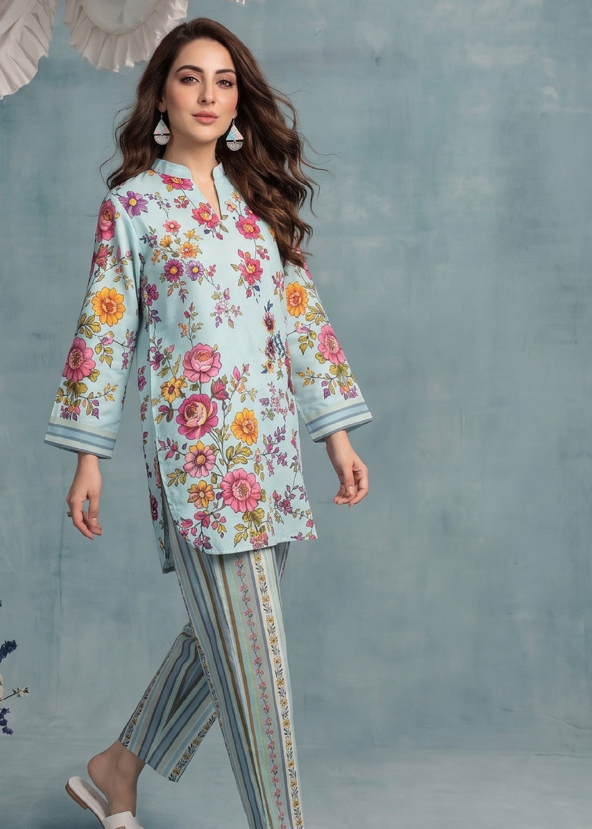 Daily Wear Blue Slub Lawn Kurta Set Online in UK USA Canada