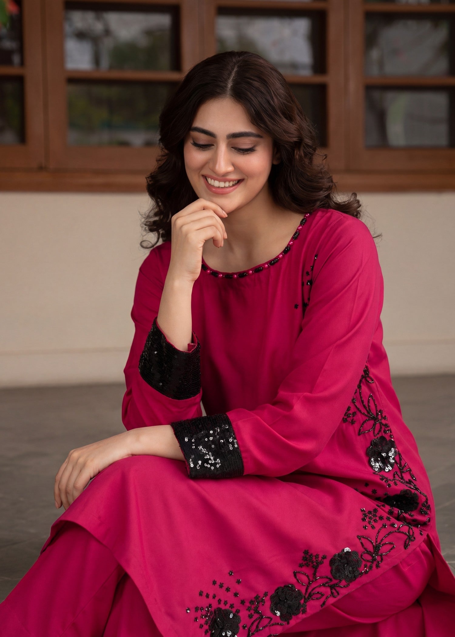 Daily Wear Cherry Red Sequined Pakistani Suit Online in Dubai UAE Abudhabi Ajman Sharjah