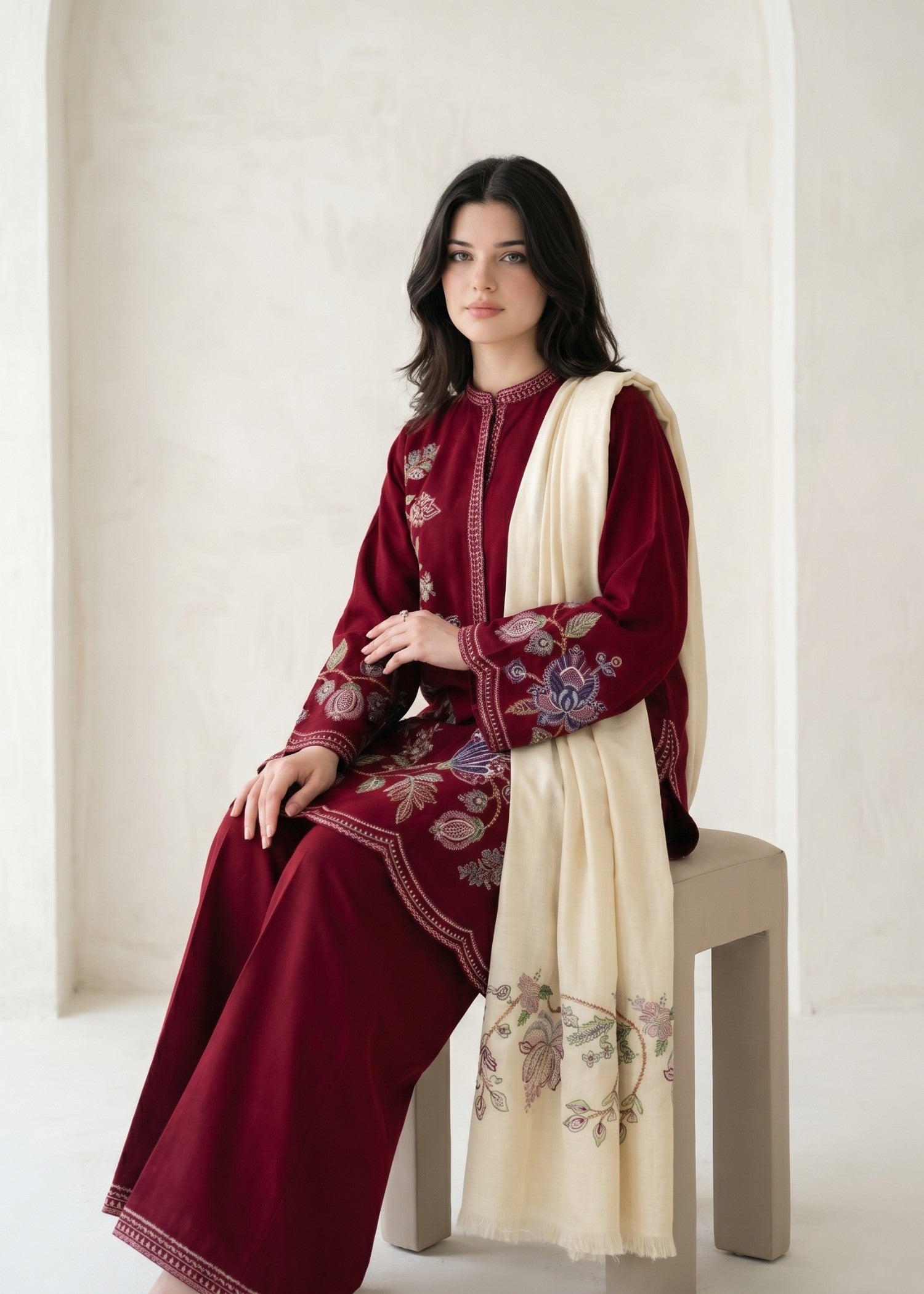 Daily Wear Claret Dhanak Embroidered Suit Online in Sri Lanka India Australia