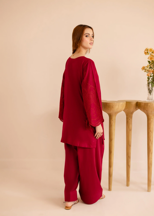 Daily Wear Fire Red Lawn Straight Cut Kurta with Farshi Shalwar Online in Dubai DXB UAE Abudhabi Meena Bazaar