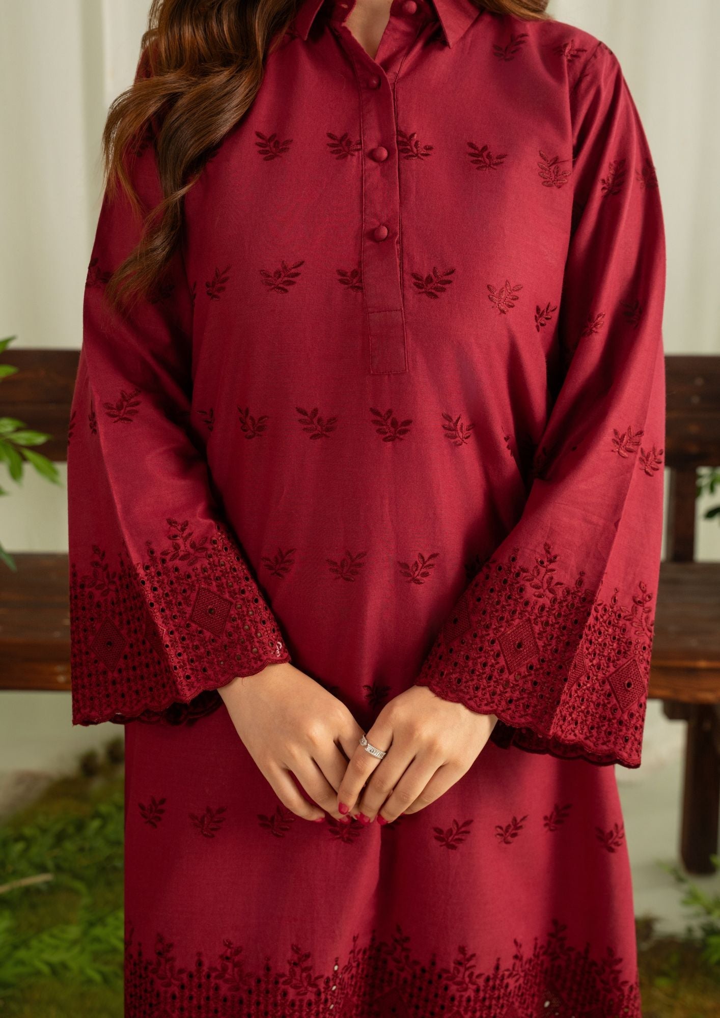 Daily Wear Maroon Embroidered Cambric Kurta Pajama Online in UK USA Canada