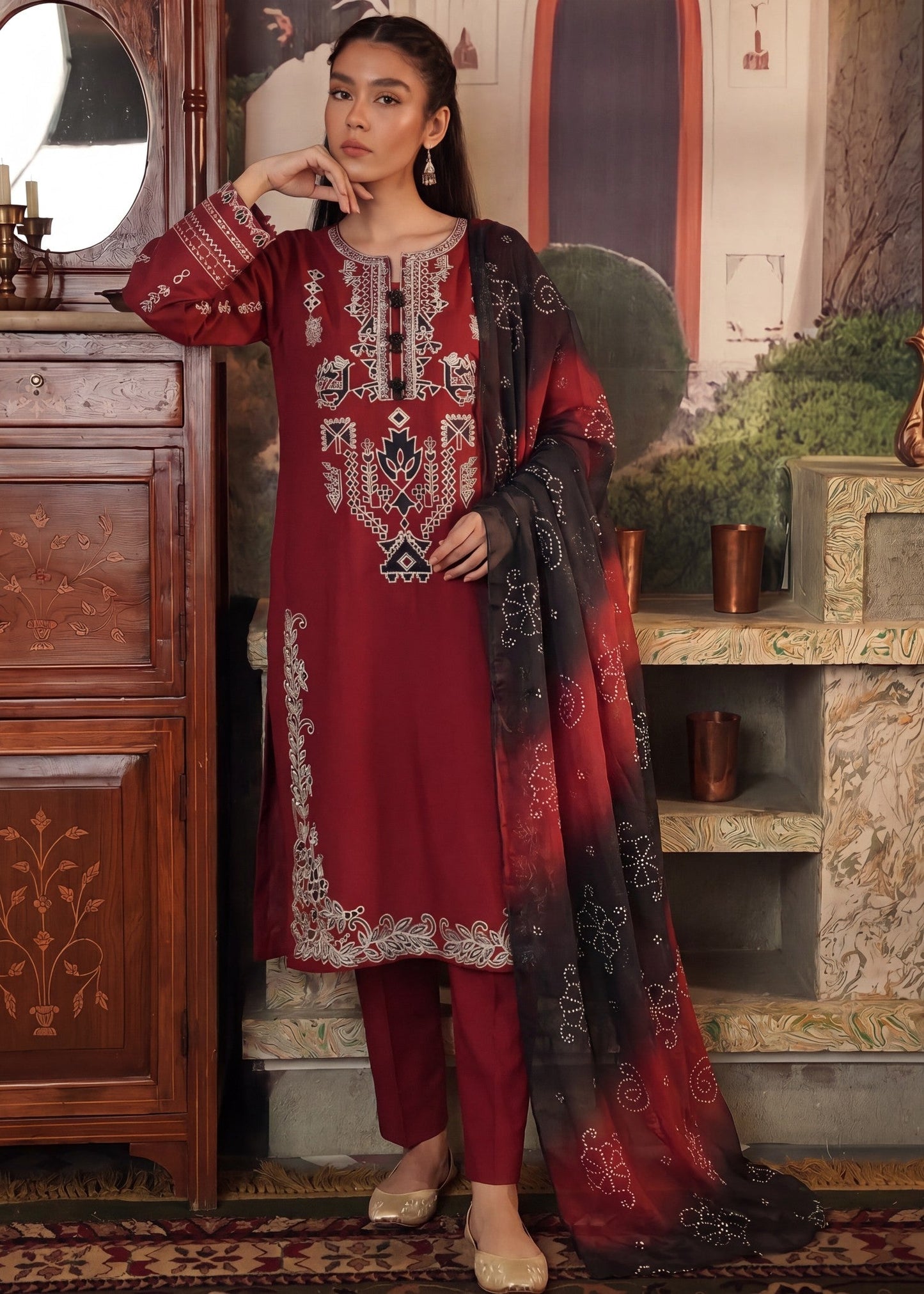 Daily Wear Maroon Lawn Embroidered Kurta Set Online in Dubai UAE Abudhabi Ajman Sharjah