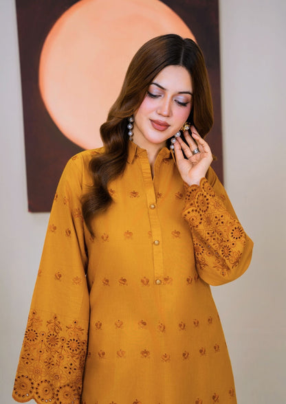 Daily Wear Mustard Embroidered Cambric Kurta Online in Sri Lanka India Australia