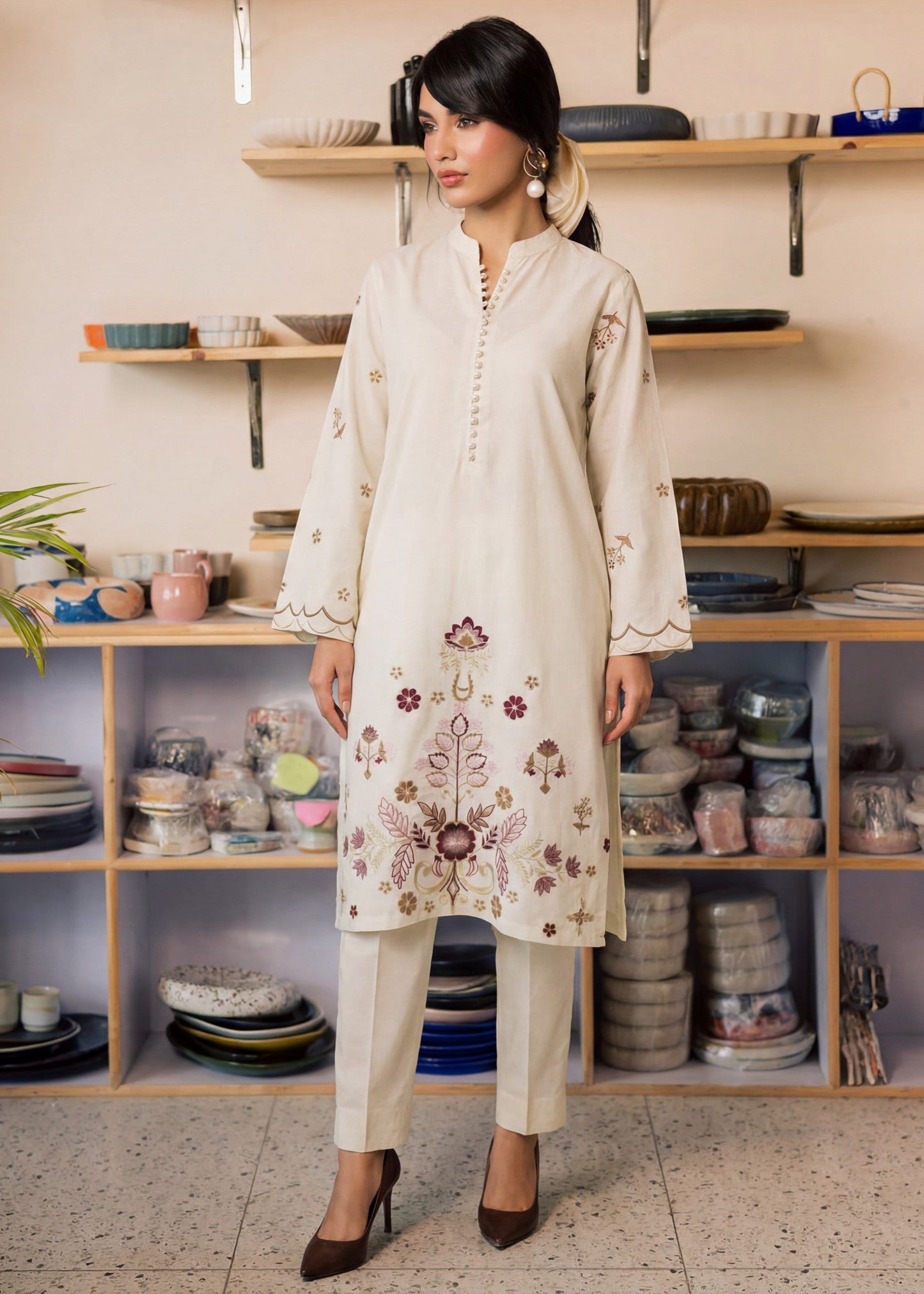 Daily Wear Off White Lawn Embroidered Suit Online in Dubai UAE Abudhabi Ajman Sharjah