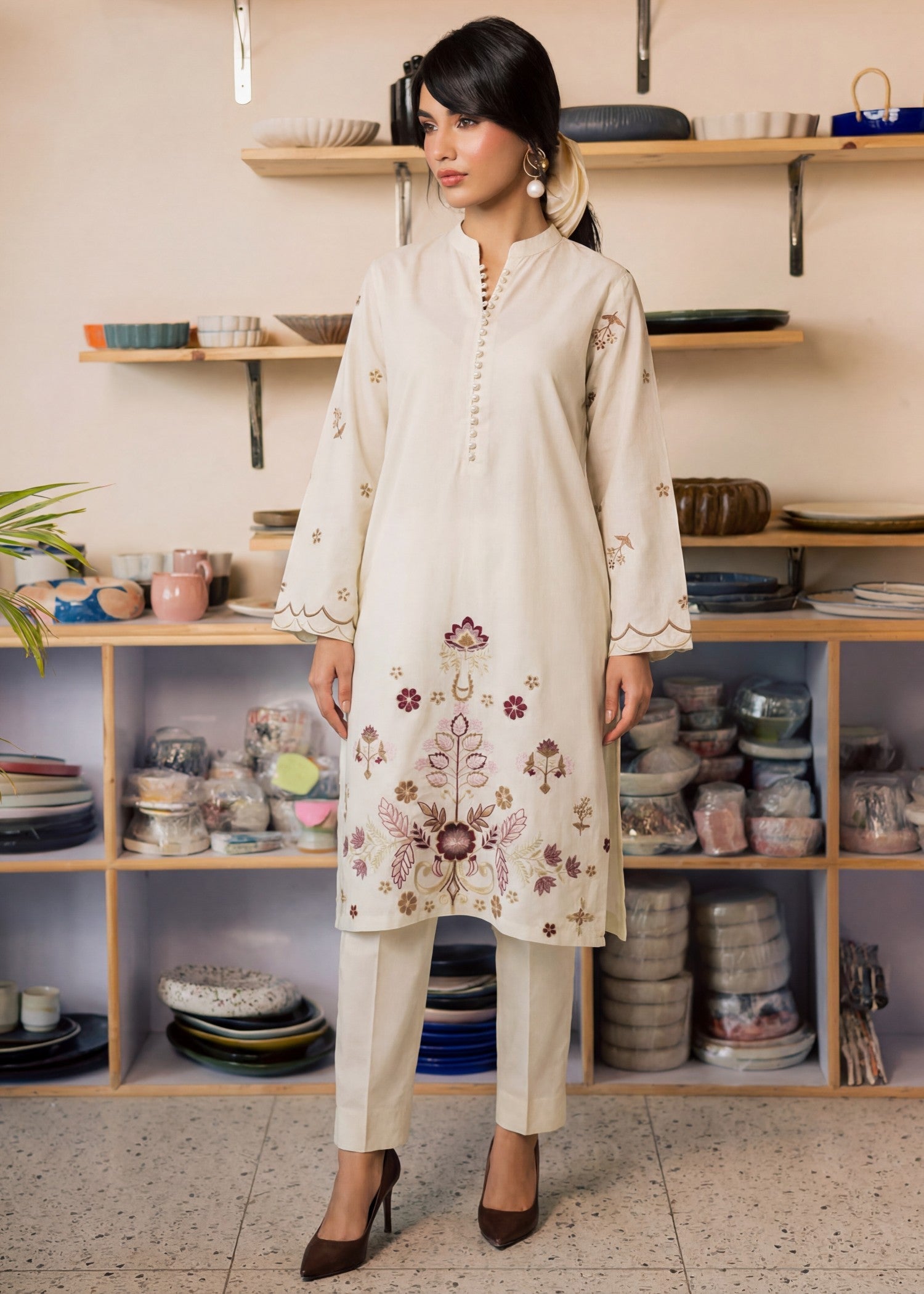 Daily Wear Off White Lawn Embroidered Suit Online in Dubai UAE Abudhabi Ajman Sharjah