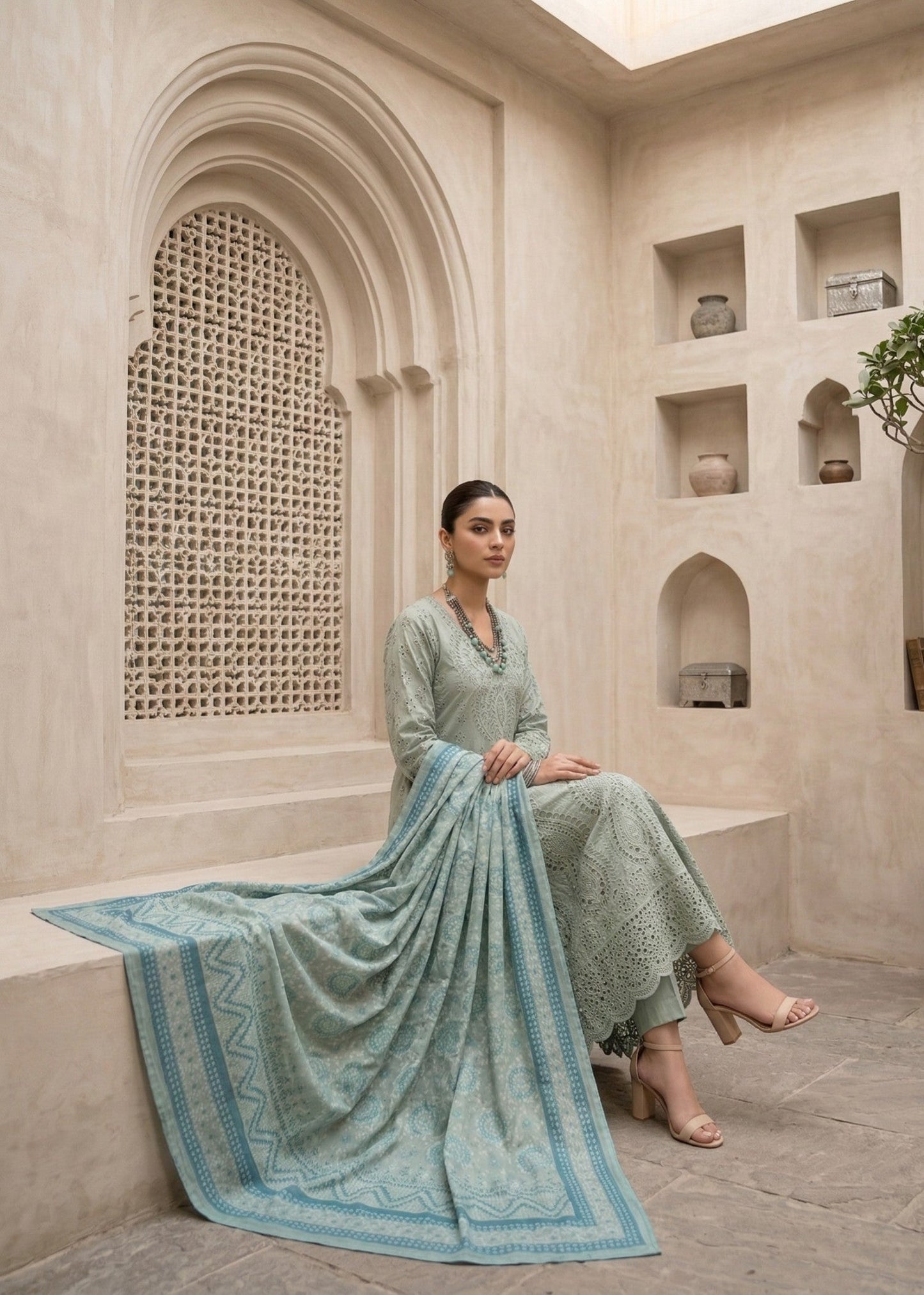 Daily Wear Pastel Green Cotton Embroidered Suit Online in KSA Riyadh Saudi Arabia Oman Bahrain Qatar