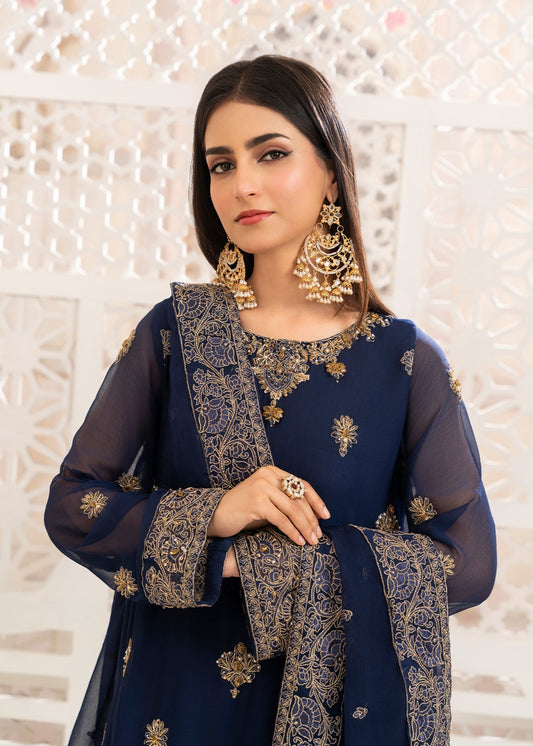 Dark Blue Chiffon 3 Piece Suit Online in Dubai DXB UAE Abudhabi Meena Bazaar