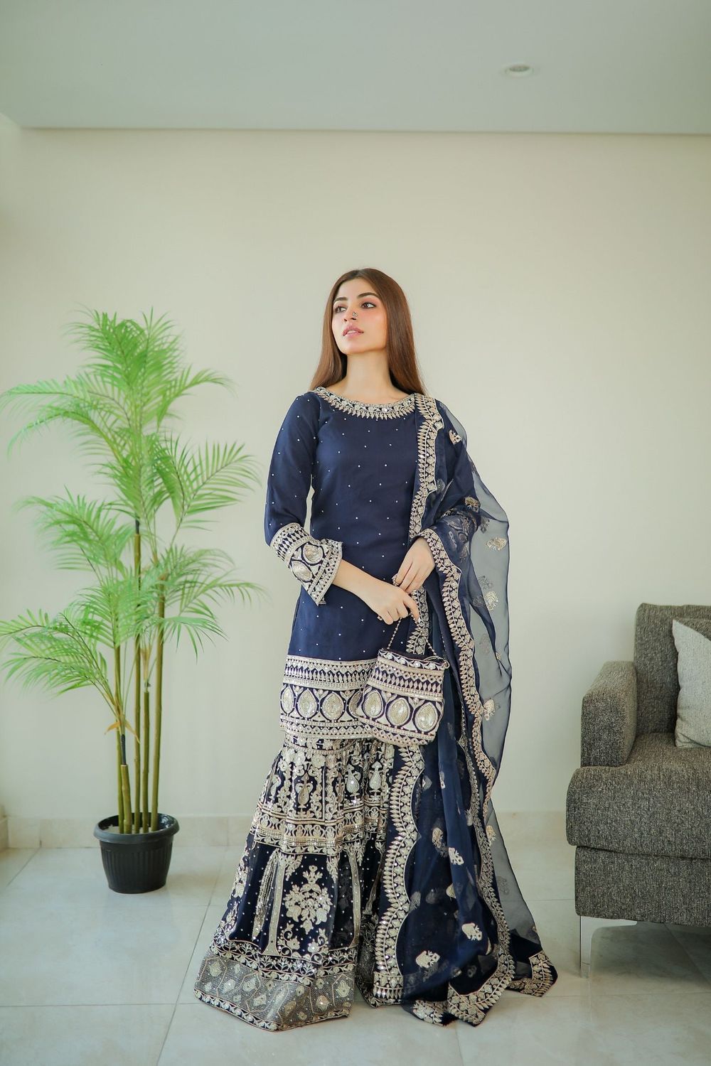 Dark Blue Chiffon Flared Gharara with Organza Dupatta Online in Dubai UAE Abudhabi Ajman Sharjah